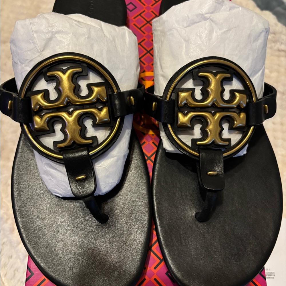 Tory Burch Metal Miller Perfect Black Sandals with Gold Detail…worn twice.